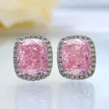 Wunderschöne kissen-geschliffene rosa Diamant-Ohrringe mit Halo, glänzendes Detailfoto. - 925er Silber / Rosa