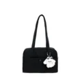 Black canvas shoulder tote bag with cute puppy pendant, casual commuter laptop bag variant. - Single Bag / Black