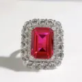 Luxurious 10x14mm rectangular red ruby gemstone ring with double halo pavé high carbon diam - Size 5 / Red