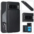 Detalle de funda de teléfono tipo cartera de cuero negro con ranuras para tarjetas y botones. - Google Pixel 8 / Negro