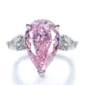 Impresionante anillo de plata 925 con diamante rosa talla pera joya de lujo elegante - Talla 5 / Corte Pera Tres Piedras Incrustadas (R388) / Rosa
