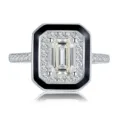 Elegante anillo de plata 925 con corte esmeralda y esmalte negro diseño geométrico. - Talla 5 / Strass Blanco Borde Negro