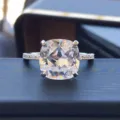 Cushion cut silver ring with sparkling pave band elegant minimalist jewelry style for women - Size 5 / Platinum White Rhinestone