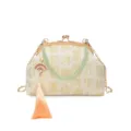 Chinese style kiss-lock evening bag with jade bead handle and tassel pendant jacquard clutch. - Khaki