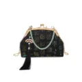 Chinese style vintage kiss lock evening bag with tassel pendant jacquard crossbody bag - Black