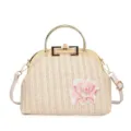 Sac a main d'epaule en paille avec fermeture baiser et broderie florale rose pour femmes var - Beige