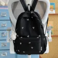Korean style black student backpack with cute white bow prints, lightweight casual daypack. - Single Bag / Black