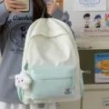 Japanese star print student backpack, white and mint green casual lightweight school bag. - With Charm / Light Green