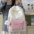 Japanese minimalist star print student backpack, casual lightweight daypack for daily school use. - With Charm / Pink