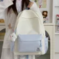 Japanese minimalist star print student backpack lightweight casual large capacity school bag - With Charm / Light Blue