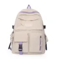Casual multi-pocket canvas backpack for women and students in beige and purple style. - Off White