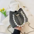 Black Rhinestone Bucket Bag with Pearl Chain Elegant Crossbody Bag Sparkly Evening Handbag - Colored Pearl Style
