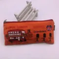 Orange canvas pencil case with London style double decker bus print for student school stationery. - Orange