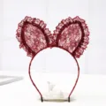 Dark red lace cat ear headband, sweet hair hoop for women and girls, cute daily hair accessories. - Large Rabbit Ears Style - Wine Red