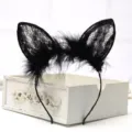 Black lace cat ear headband with soft black feathers sweet cute hair accessory for women. - Fox Ears Style - Black