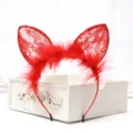 Red lace cat ear headband with soft feathers, sweet hair hoop for women and girls daily wear. - Fox Ears Style - Bright Red