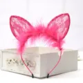 Pink lace cat ears headband with fluffy feathers, sweet cute hair hoop for daily fashion wear. - Fox Ears Style - Rose Red