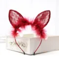 Red lace feather cat ear headband sweet hair hoop cute hair accessories for women daily use - Fox Ears Style - Wine Red