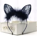 Dark blue lace feather cat ear headband sweet hair hoop for women and girls daily wear - Fox Ears Style - Navy Blue