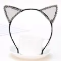 Black lace cat ear headband with rhinestones, sweet mesh hair hoop for women and girls daily wear. - Mesh Black Rhinestone Style