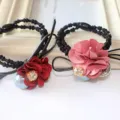 Chic floral hair tie with large pearl and rhinestone, elegant black rubber band for women. - Single Bead with Coin Style 011