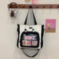Aesthetic canvas tote bag with cute cat ears and transparent ita pocket for daily commute. - One Size / Black