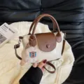 Vintage two-tone women handbag PU leather crossbody bag with plush bear pendant stylish daily purse - White With Pendant