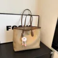 Retro large capacity tote bag winter fashion casual PU leather shoulder bag for women commuter - Khaki With Pendant
