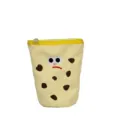 Cute cookie canvas pencil case with embroidered sad face and yellow zipper closure variant. - Yellow
