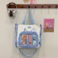 Blue and white canvas ita bag, cute student commuting tote with transparent front pocket and cat ears. - One Size / Light Blue
