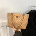 Elegant beige quilted chain tote bag for women, stylish shoulder bag with turn lock. - Khaki