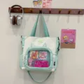 Cute canvas tote bag with transparent ita pocket and cat ears, casual commuter shoulder bag. - One Size / Light Green