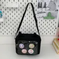 Japanese style black cat ear ita bag with transparent front pocket and cute pin badges for daily use - With Badges / Black