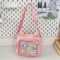 Pink cute cat ear canvas messenger bag with clear ita pocket and lovely pins for daily wear. - With Badges / Pink