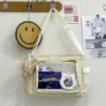 Beige canvas ita bag cross-body shoulder bag with transparent pocket for daily use. - One Size / Beige Without Pendant