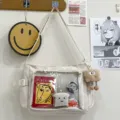 Canvas ita bag, messenger shoulder bag with transparent pocket, kawaii aesthetic style. - One Size / White without Pendant
