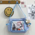 Canvas ita messenger bag with transparent front pocket for pins, casual light blue crossbody bag. - One Size / Blue without Pendant