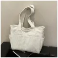 White corduroy tote bag for women, large capacity casual shoulder bag for daily use. - White