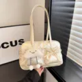 Light gold bowling shoulder bag with bow and cloud charm for women, chic PU leather tote bag. - With Pendant / Off White