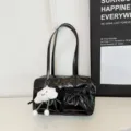 Black gloss bowling shoulder bag with cute cloud charm and bow pockets for women. - With Pendant / Black