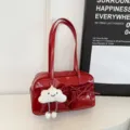 Red patent leather bowling shoulder bag, stylish casual handbag with cute cloud pendant. - With Pendant / Red