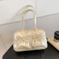 Gold Bow Bowling Bag PU Leather Shoulder Handbag Large Capacity Casual Tote Variant - Without Pendant / Off White