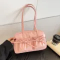 Pink patent leather bowling bag with cute bow pockets, stylish shoulder tote for women. - Without Pendant / Pink