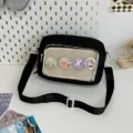Black canvas ita bag with transparent mesh front pocket and cute rabbit badges for daily use. - With Badge / Black