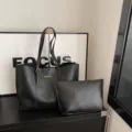 Minimalist black tote bag set with matching clutch, stylish commuter shoulder bag for women - Black