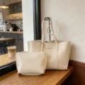 Minimalist beige tote bag set for women, large capacity PU leather shoulder handbag. - White