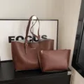 Retro brown tote bag set with matching pouch, minimalist large capacity shoulder bag for women. - Coffee
