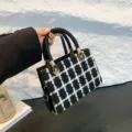 Black and white tweed plaid shoulder handbag with braided top handle for women fashion daily use. - Black Plaid