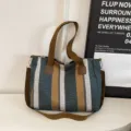 Stylish striped canvas tote bag for women, casual shoulder and crossbody bag for daily commute. - Green
