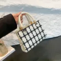 Elegant black and white tweed handbag with braided top handle for women's stylish daily wear. - White Plaid